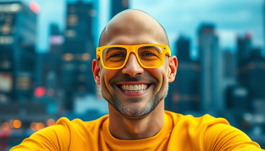 Vibrant graphic design trends concept for 2025 with a smiling man.