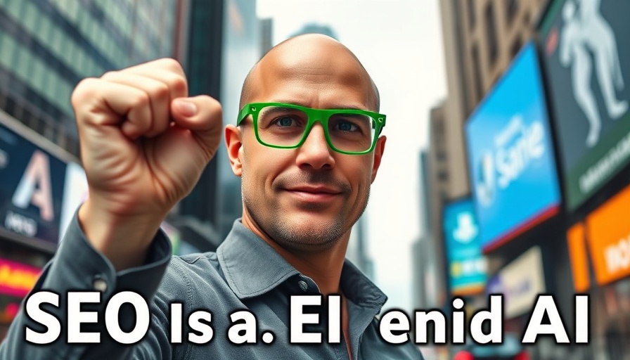 Confident bald man and cityscape with text on AI versus SEO.