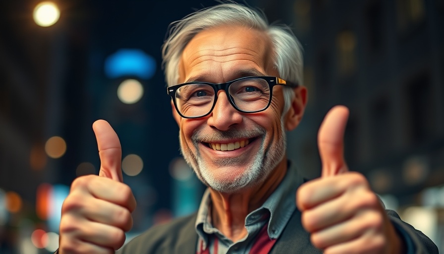 Older man confidently smiling with a thumbs up, creative industry.