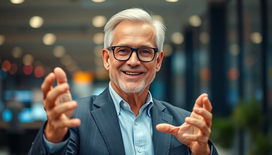 Confident man gesturing in colorful modern office, 2025 content strategy.