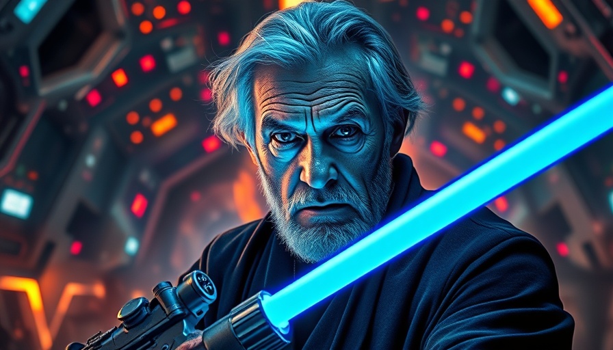 Manipulative villains scene with older man holding lightsaber in sci-fi setting.