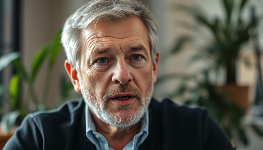 Middle-aged man discussing whether seniors should use sleep trackers, indoor setting.