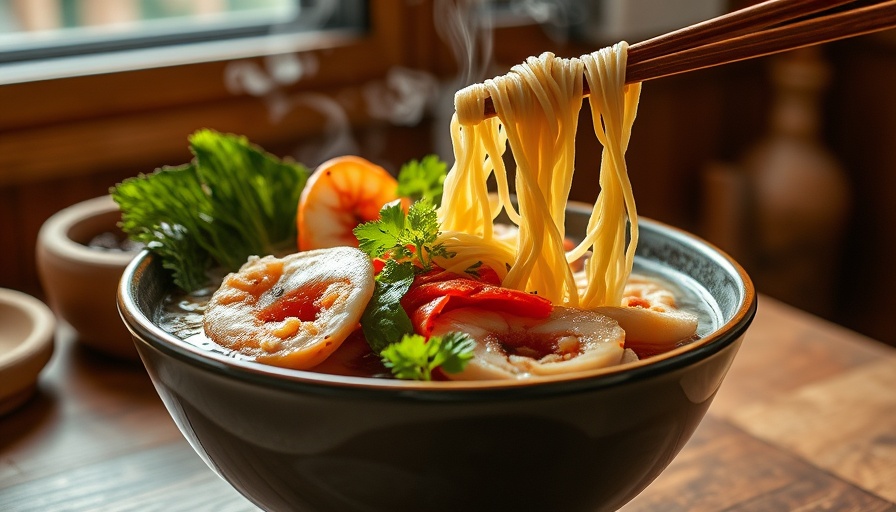 Bowl of healthy ramen with seafood and vegetables, noodles lifted.