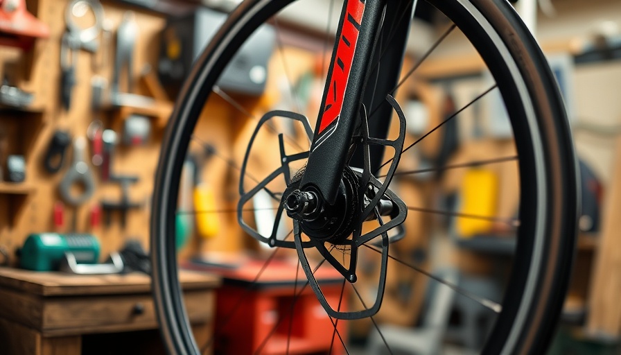 Close-up of Giant Trinity TT bike disc brake in bright workshop.