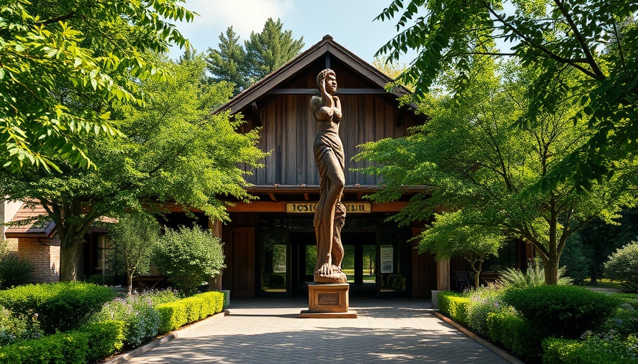 Charming rustic museum entrance with wooden sculpture.