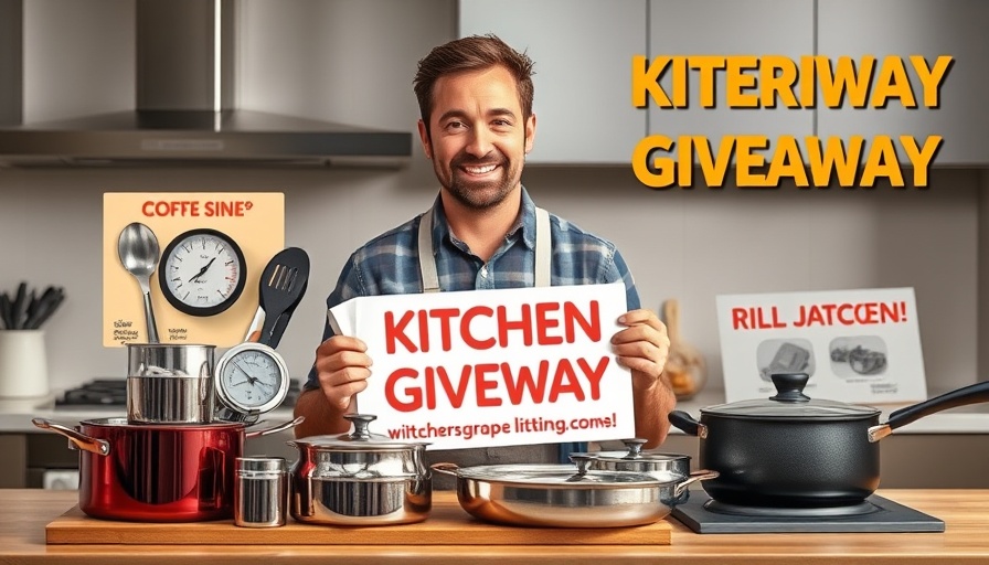 Smokin and Grillin Giveaway with kitchen items and man in kitchen.