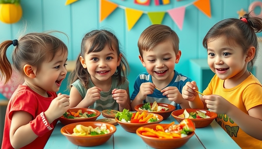Kids enjoying plant-based meals at a colorful table.