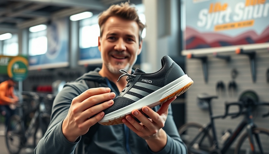 Man presenting speed lace athletic footwear at expo.