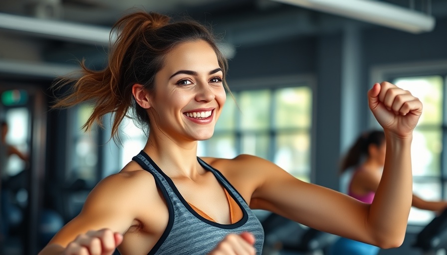 Woman enjoying a workout in a gym, vibrant colors.