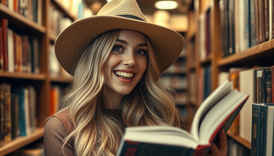 Joyful woman in bookstore discovering her book, highlighting healthy lifestyle.