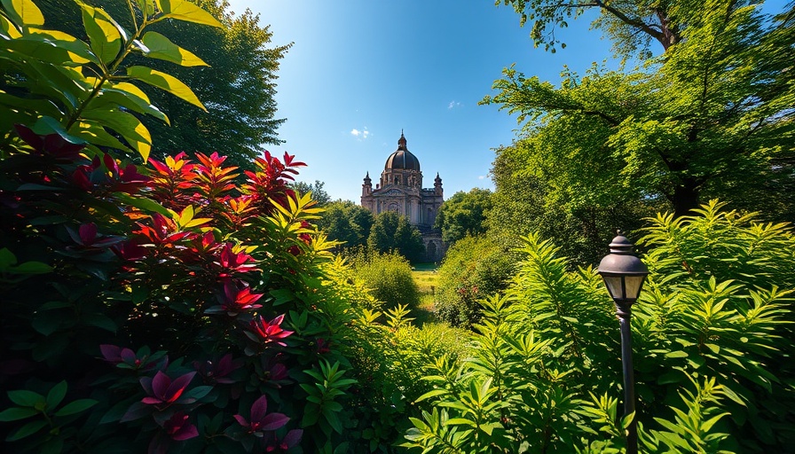 Vibrant landscape, greenery and building, Mirror Lake summer activities.