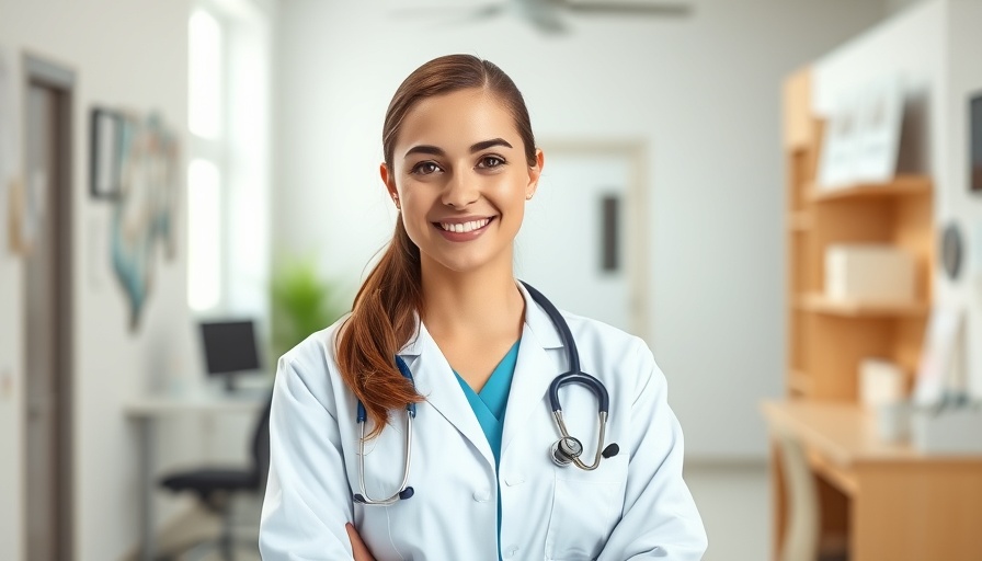 Young doctor smiles, promotes fruits that reduce stroke risk.