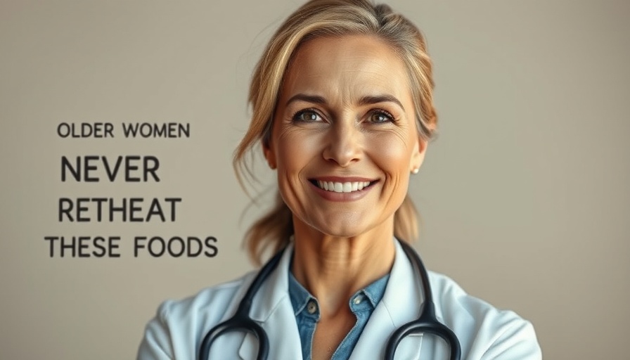Smiling female doctor with text on a simple background promoting senior living.