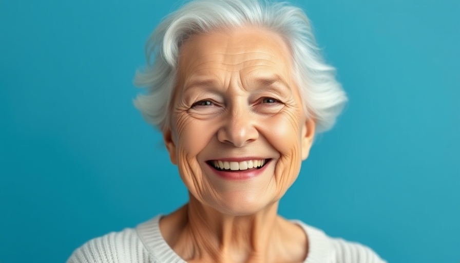 Senior living concept: elderly woman smiling warmly in a blue background.