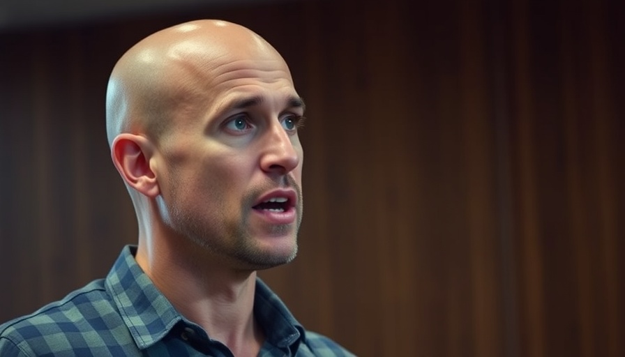 Bald speaker discussing content marketing passionately in a cinematic setting.