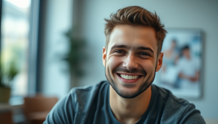 Young man smiling indoors, photorealistic image
