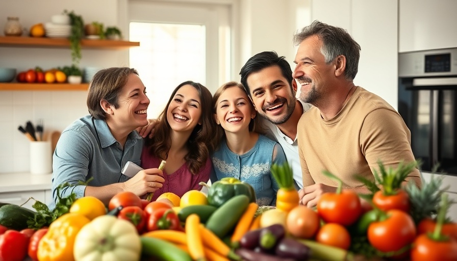 Family embracing a healthy life style with fresh fruits and vegetables in a modern kitchen.