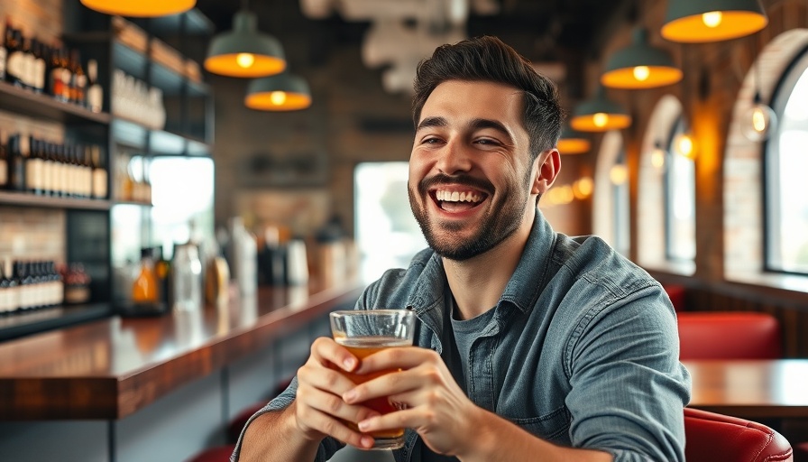 Cheerful man enjoying a drink at a modern bar, digital content strategy.