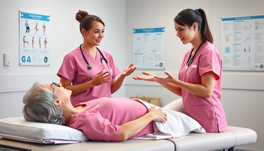 Healthcare worker explains posture tips to patient in clinic.