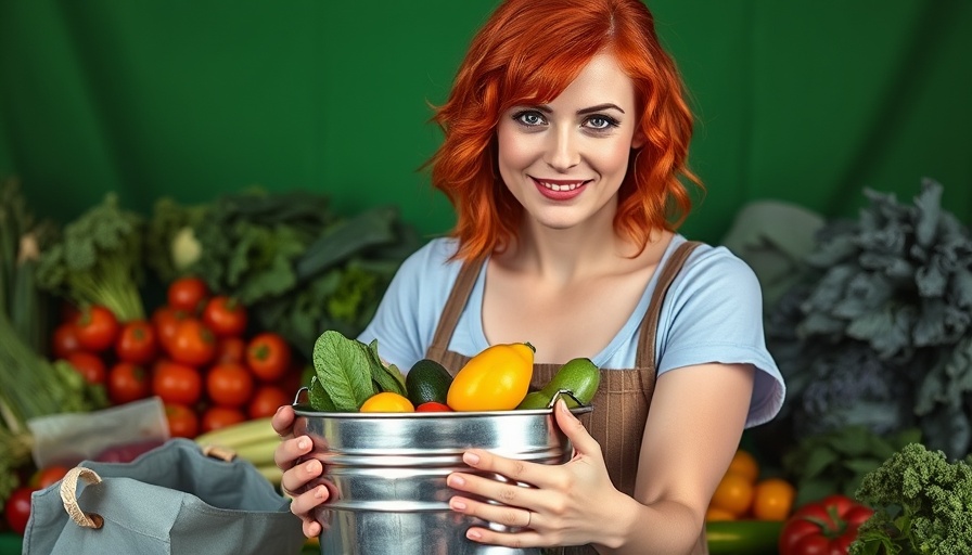 Confident woman with produce promoting trusting organic food labels.