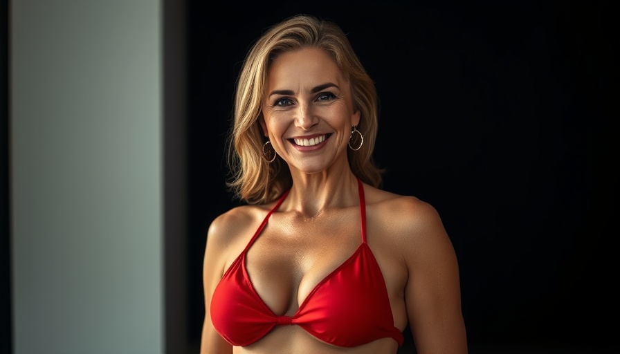 Confident woman in red bikini, vibrant and expressive.