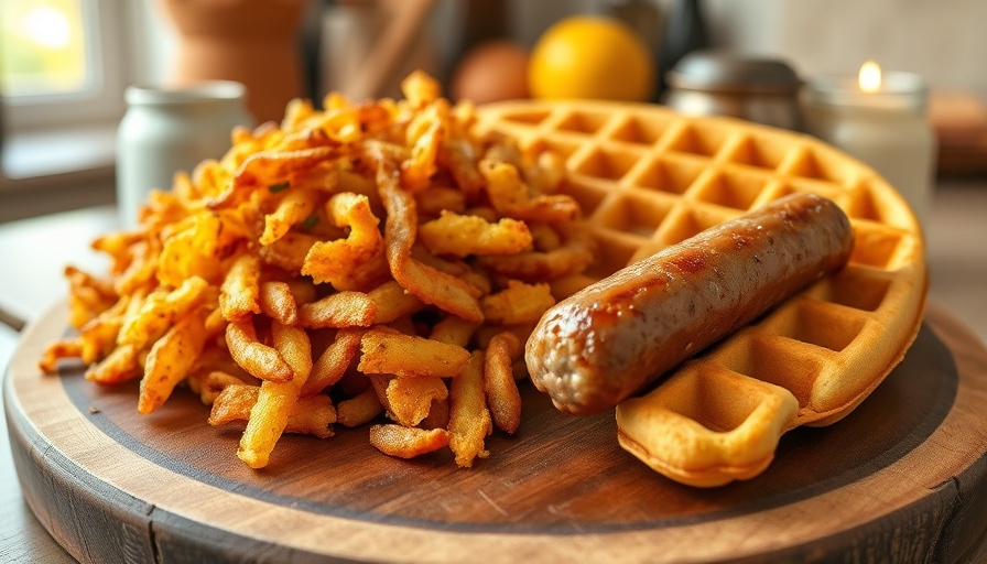 Extra crispy hash browns with breakfast foods on a wooden board.