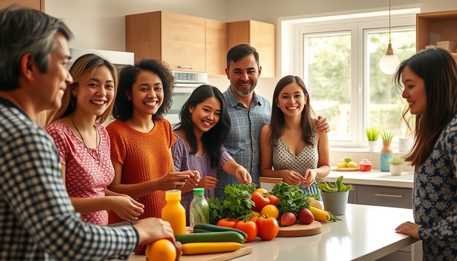 Family preparing for a 14-day sugar detox challenge in a colorful kitchen.