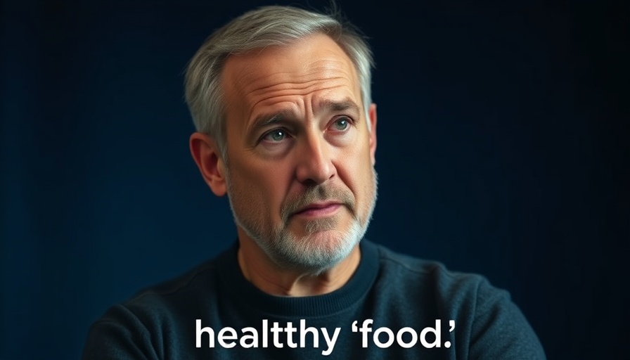 Serious man discussing healthy food tips with educational text.