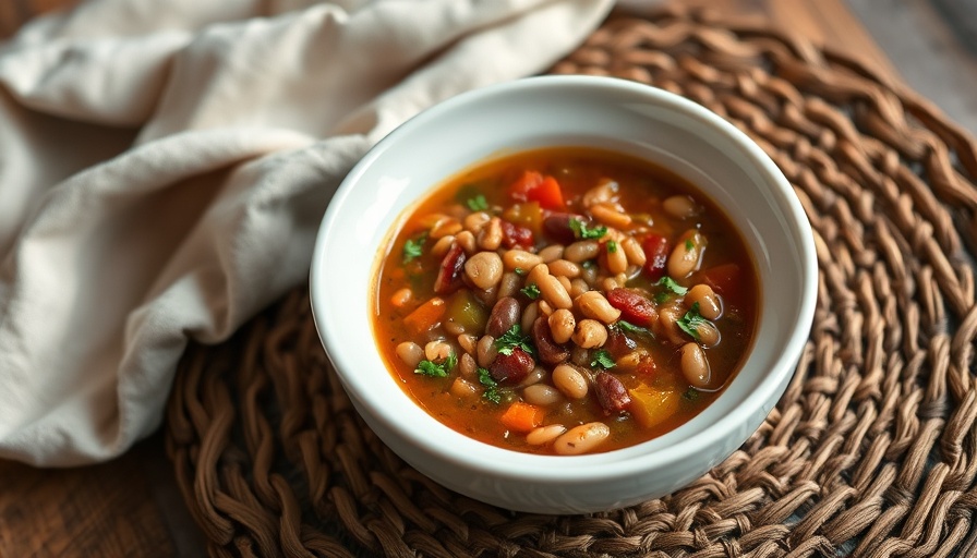 Lebanese bean and grain soup in a white bowl on woven mat.