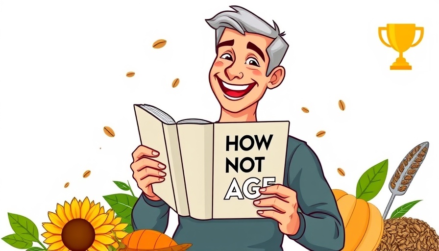 Cheerful man with seeds and book on plant based diet