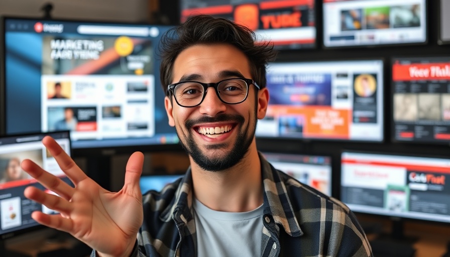 Smiling person presenting lead-targeted content offers with digital screens.