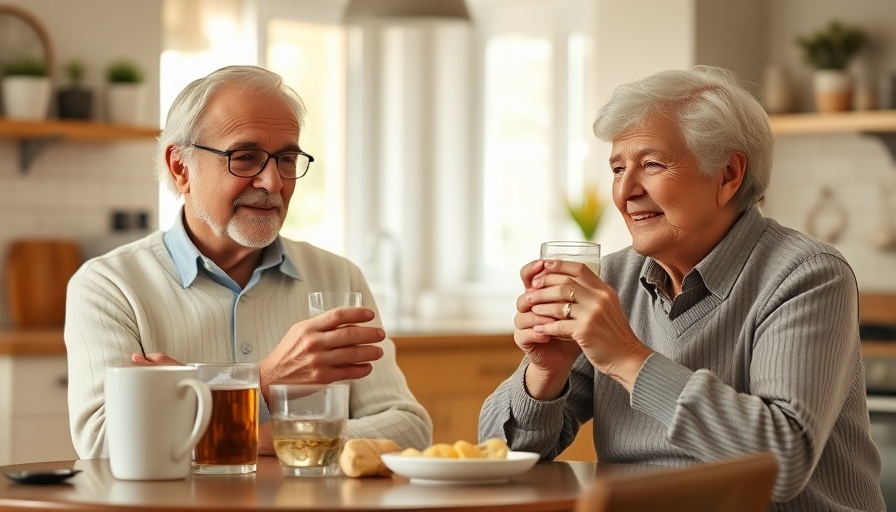 Older couple enjoying a beverage in a kitchen, illustrating a tip on how to fall asleep fast.