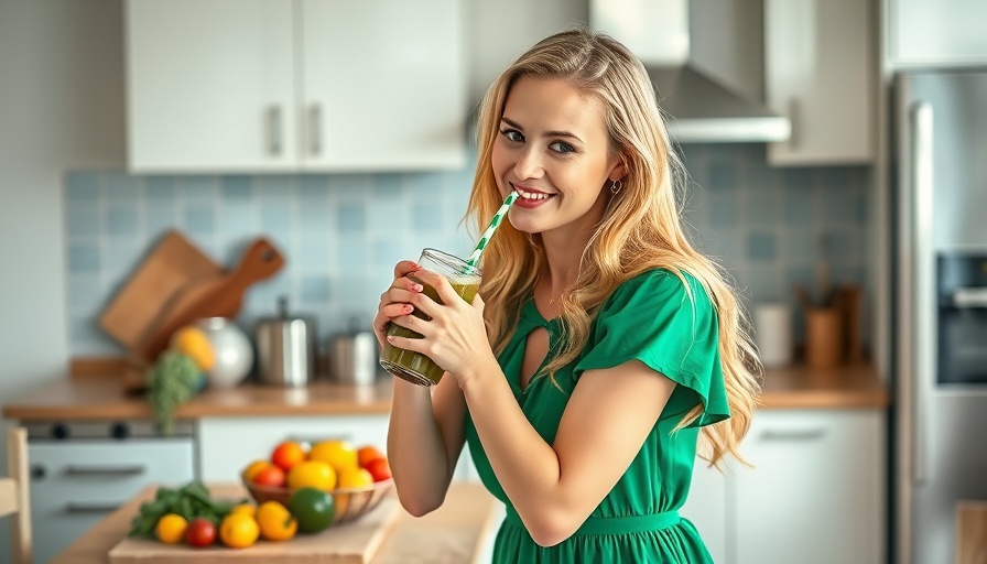 Woman sipping green smoothie in a kitchen, easy being green.