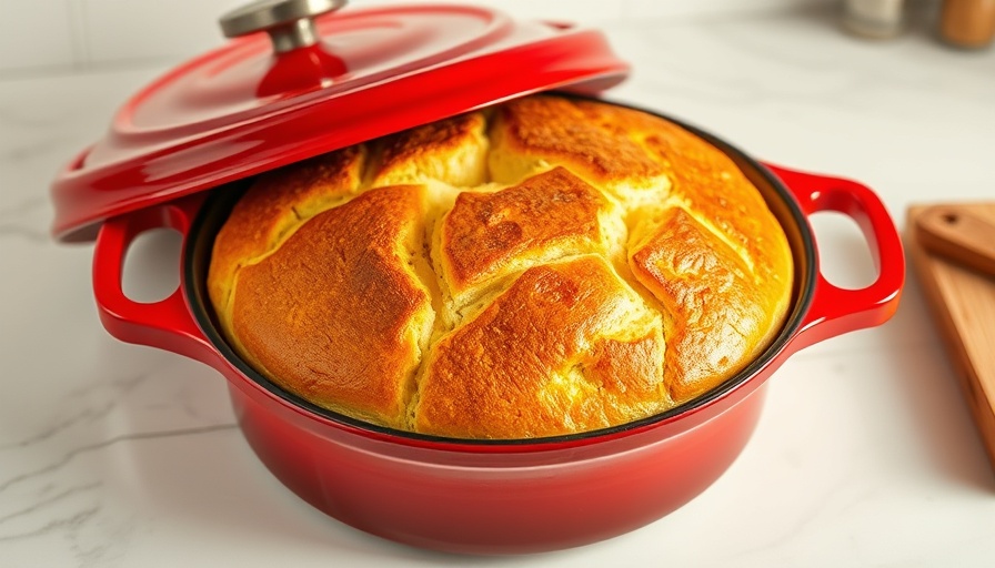 Freshly baked Australian damper bread in red pot on marble counter.