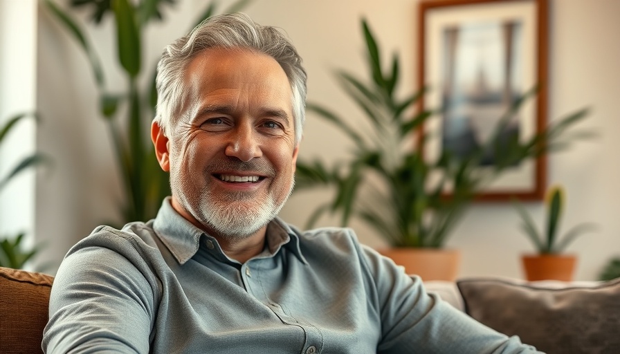 Middle-aged man smiling indoors, health tips setting.