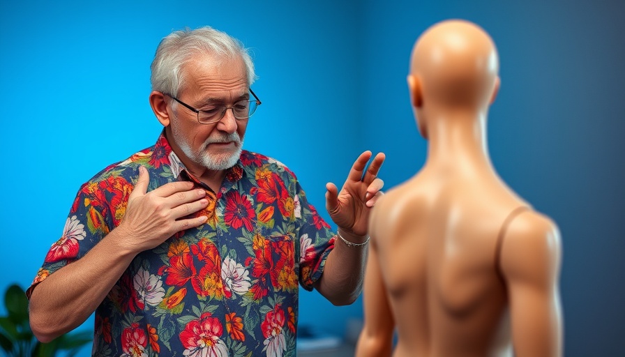 Man teaches acupressure for energy boost, mannequin display.