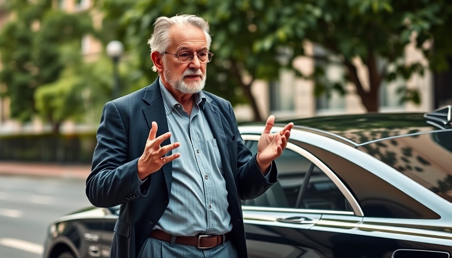 Casual older man discussing topics beside luxury car