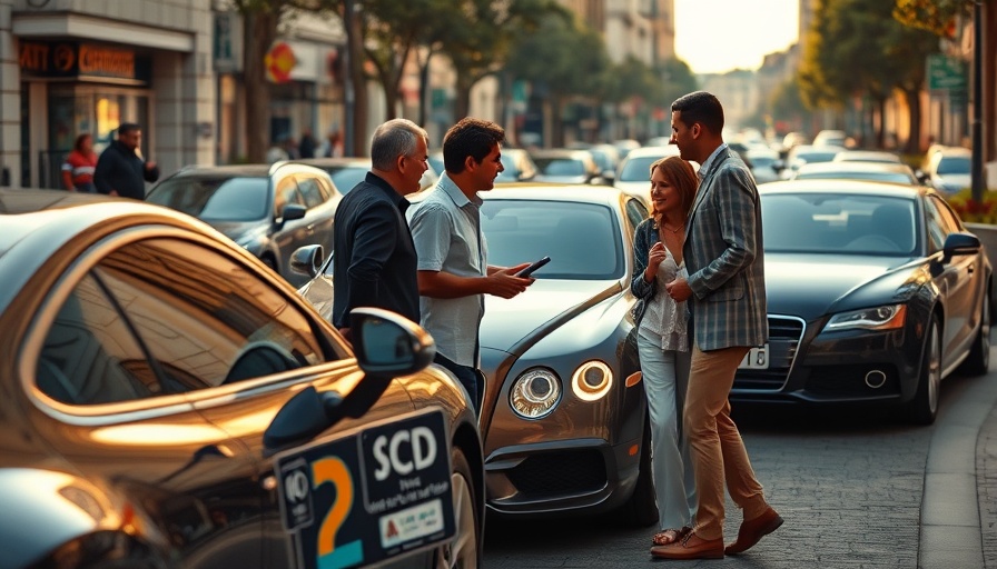 Friendly discussion by a luxury car on an urban street