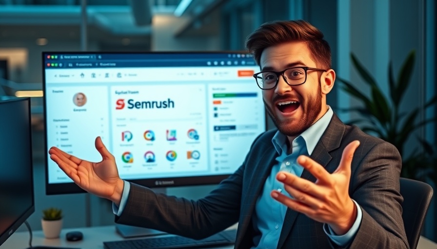 Excited professional showcasing Semrush AI toolkit for SEO on screen.