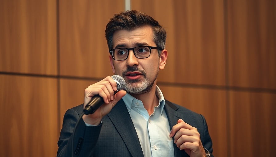 Confident presenter speaking, content marketing, photorealistic setting.