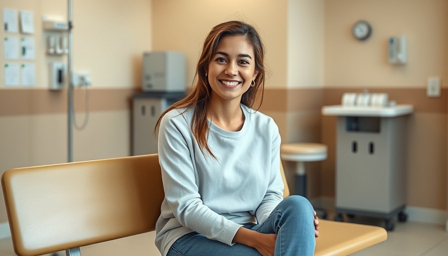 Casual clinic scene with a smiling woman, reflecting health transformation.