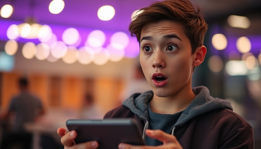 Young person surprised by a device indoors, cut out distractions.