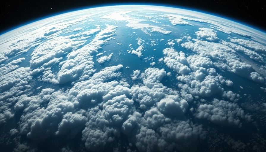 View of Earth's atmosphere with clouds and water vapor from space, illustrating climate change.