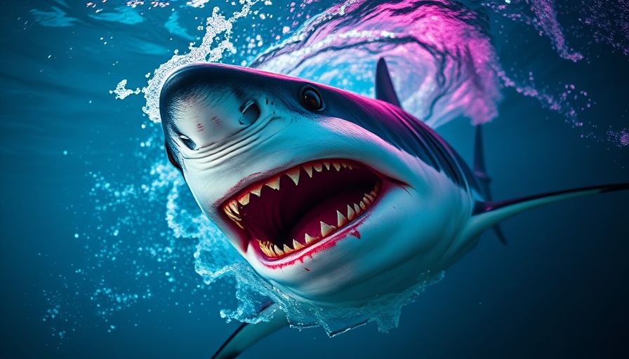 Dynamic Mako shark in surreal underwater scene, colorful and vivid.