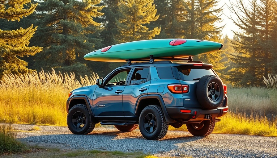 Küat DEK Platform Rack on SUV with kayak near nature at sunset.