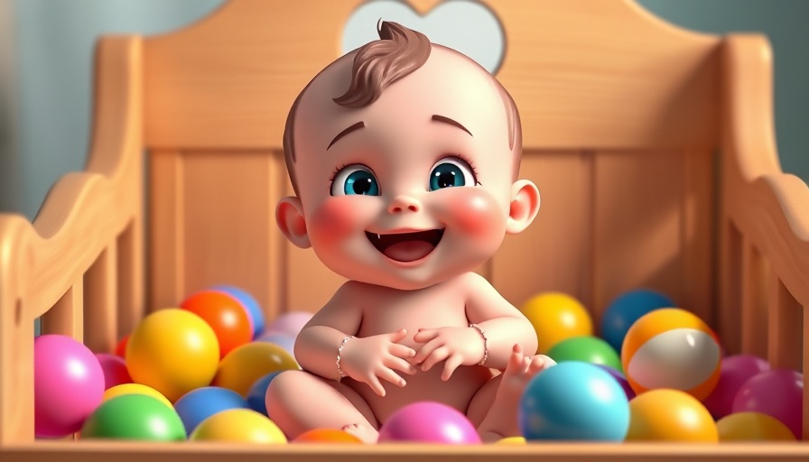 Animated baby having fun in colorful ball pit, 3D Pixar style.