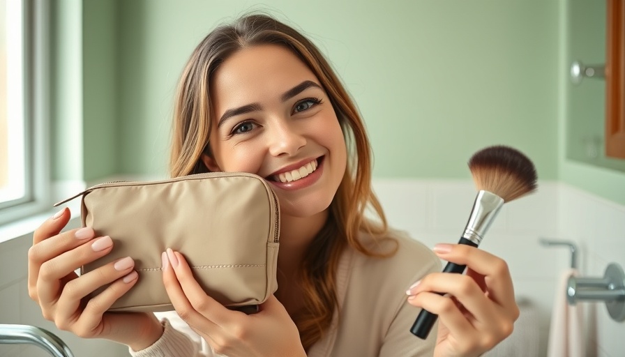 Woman holding a toiletry kit and makeup brush in a bathroom.