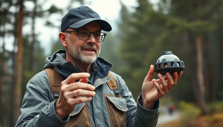 Middle-aged man demonstrating camping gear for beginners outdoors.