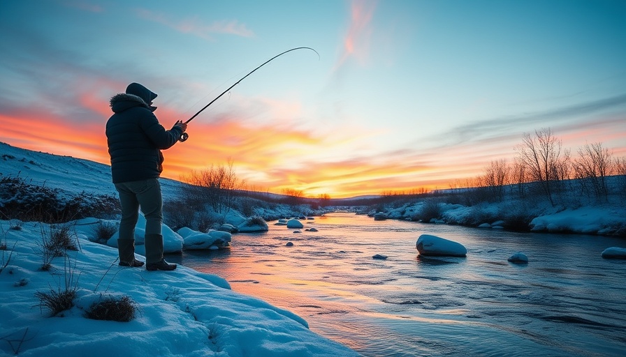 Winter fly fishing in Wisconsin at sunset with snow-covered banks.