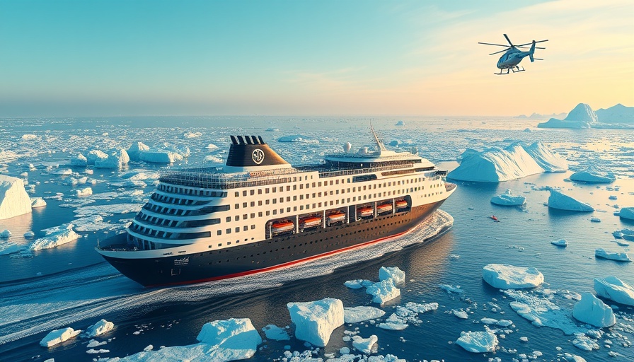 Travel Protection with Allianz Partners: Cruise in icy waters with ship, kayakers, helicopter.